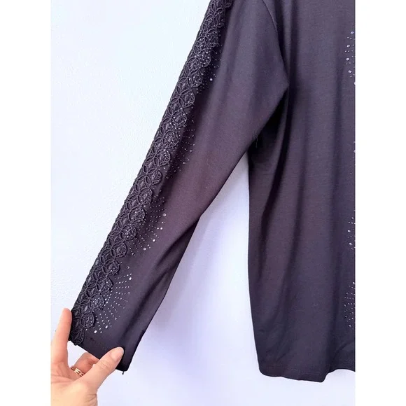 Women's Navy‎ Blue Embellished Long Sleeve Top Size Medium Rhinestones Lace - Picture 3 of 8